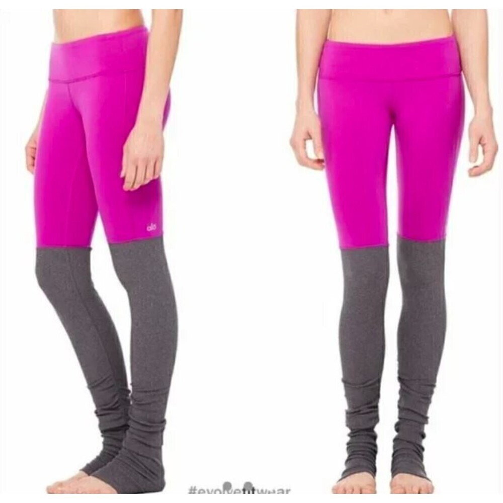 Alo Yoga High Waisted Waffle Knit Ruched Goddess Legging Fuchsia Gray Size Small
